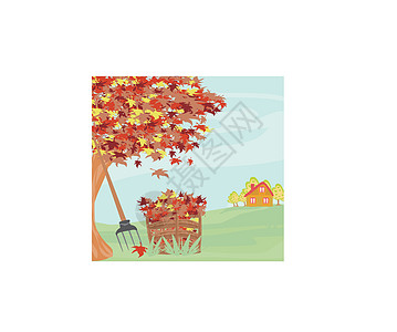 秋季农村地貌打扫树叶垃圾村庄园艺场地草地植物卡通片花园图片