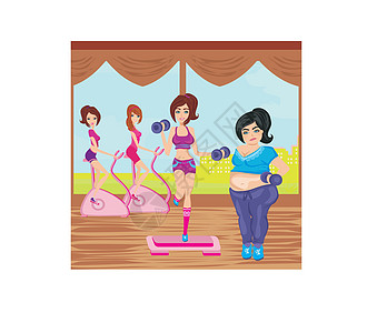 女生在体育馆锻炼女士城市运动装娱乐训练重量运动力量女孩卡通片图片