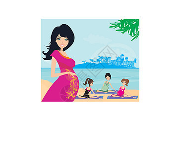 户外分娩教育班室外海滩女士腹部瑜伽闲暇卡通片海洋母性讲师母亲图片