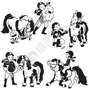 配有卡通女孩和小马农场运动动物护理种马骑士马术牧场骑术梳子图片