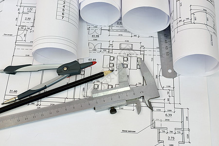 建筑设计师的绘画和工具桌面工程圆规工程师铅笔房子卷轴游标项目打印图片