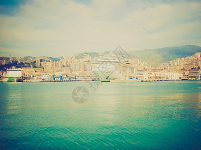 热那亚意大利从海上的回溯视图场景古董天际母马海洋老港城市港口图片