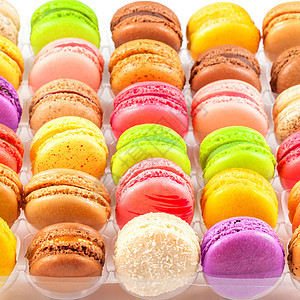 盒子里传统的法国彩色玉子小吃糖果美食饼干专业蛋糕味道咖啡巧克力面包图片