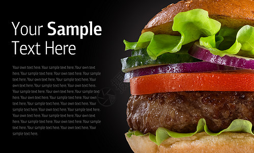 黑色背景的汉堡包包子芝麻白色牛肉小吃食物种子沙拉背景图片