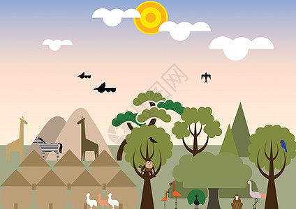 非洲动物插图自然村庄背景图片