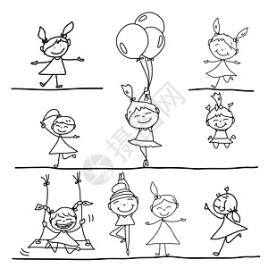 亲手画动画卡通快乐的孩子团伙写意幸福礼物微笑展示跑步女孩们草图乐趣图片
