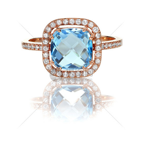美丽的蓝黄玉和钻石玫瑰金光环订婚蓝色配饰金属奢华光环周年婚礼婚姻戒指图片