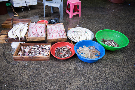 Yeosu当地鱼市场街道销售量渔夫尾巴钓鱼海鲜眼睛零售摊位店铺图片