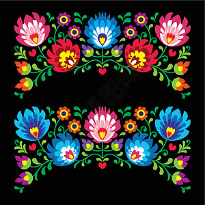 黑卡上的波兰花卉民间刺绣图案图片