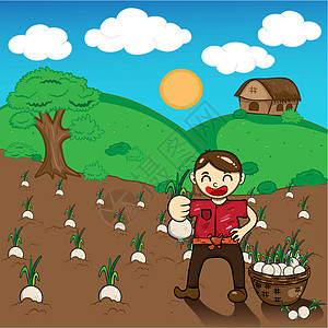 漫画农民收获洋葱的插图图片