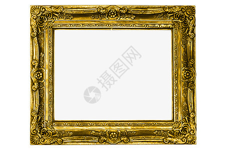 白色背景上孤立的古金框木板材料雕刻盘子古董乡村金子浮雕金属边界背景图片
