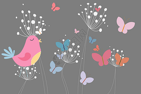 带心和花朵的粉红鸟蝴蝶娘娘腔绘图种子女人味自由计算机背景图片