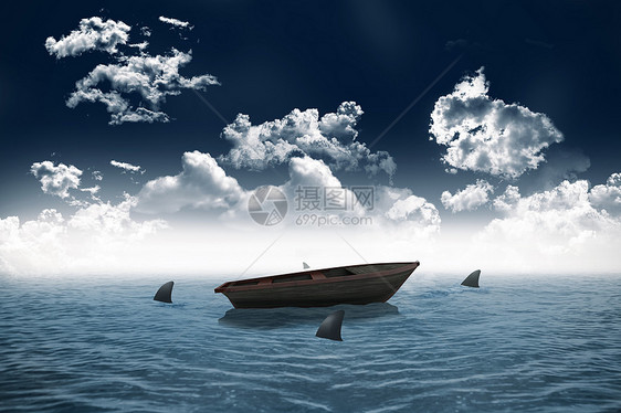 在海上小船盘旋的鲨鱼多云支撑海洋风险帆船计算机海岸线运输绘图天气图片