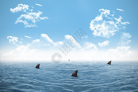 蓝天下大海中的鲨鱼风险绘图海洋环境晴天支撑盘旋蓝天危险波浪图片