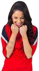 红红色的加油足球球迷微笑获奖观众支持者女性混血活力快乐喜悦运动图片