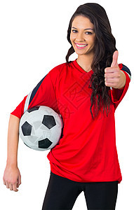 红红色的漂亮足球球迷混血活力双手世界女性扇子手势支持者观众球衣图片