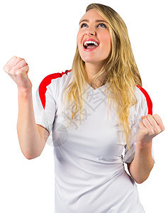 白色欢呼队的美足球粉丝胜利喜悦红色快乐获奖运动球衣女性扇子活力图片