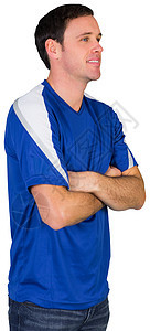 蓝色微笑足球球迷球衣支持者运动男性观众扇子影棚杯子男人活力图片