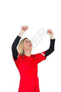 红红色的加油足球球迷观众活力世界支持者球衣影棚运动扇子杯子女性图片