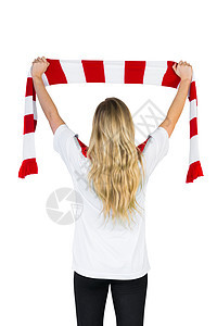 白色欢呼队的美足球粉丝影棚扇子运动世界支持者球衣红色观众活力条纹图片