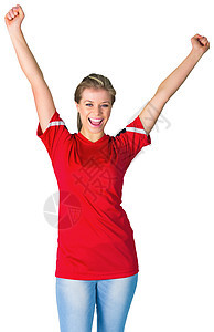 红红色的加油足球球迷微笑扇子运动快乐支持者女士球衣杯子观众女性图片