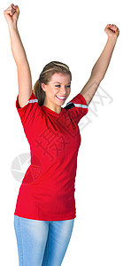 红红色的加油足球球迷获奖活力世界扇子杯子观众微笑喜悦胜利运动图片