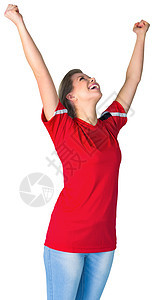 红红色的加油足球球迷影棚杯子扇子获奖快乐世界女性欣快感欢呼女士图片