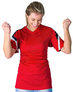 红红色的加油足球球迷获奖影棚世界球衣微笑欢呼胜利喜悦活力女性图片