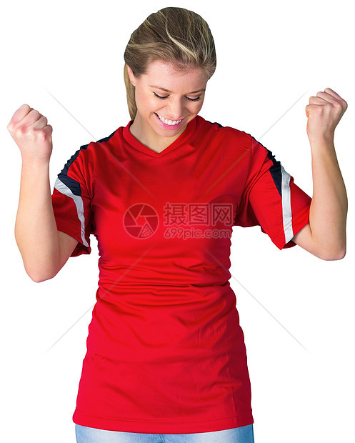 红红色的加油足球球迷获奖影棚世界球衣微笑欢呼胜利喜悦活力女性图片