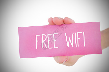 拿着粉红卡说免费维菲的女人卡片白色wifi流行语两个字计算机上网互联网绘图灰色图片