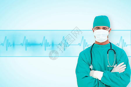 雄心勃勃的外科医生肖像综合图像医疗监视器双臂波形电极手术帽心电图男性磨砂膏蓝色图片