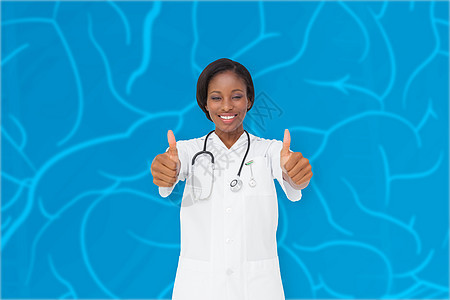 年轻护士举起拇指的复合形象从业者外衣计算机束腰蓝色手势生物学专家女性双手图片