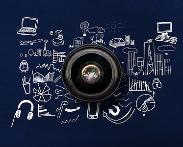 照相镜头综合图像摄像镜头相机绘画摩天大楼手绘流程图涂鸦爱好绘图城市蓝色图片