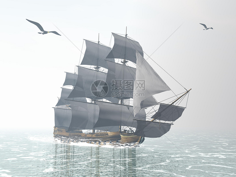 旧商船  3D海鸥水手航海白色插图海洋勘探血管航程帆船图片