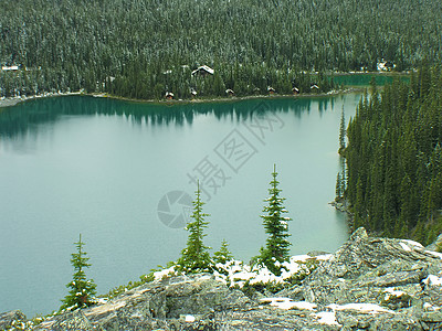 加拿大不列颠哥伦比亚省约霍国家公园奥哈拉湖公园高原天空松树反射树木荒野高山蓝色风景图片