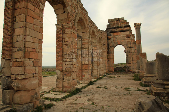 Volubilis 火山卷废墟遗产挖掘文化历史性旅游纪念碑论坛历史柱子图片