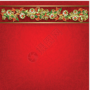 带有鲜花的抽象红色红外壳背景作品植物装饰品插图风格艺术装饰古董框架图片