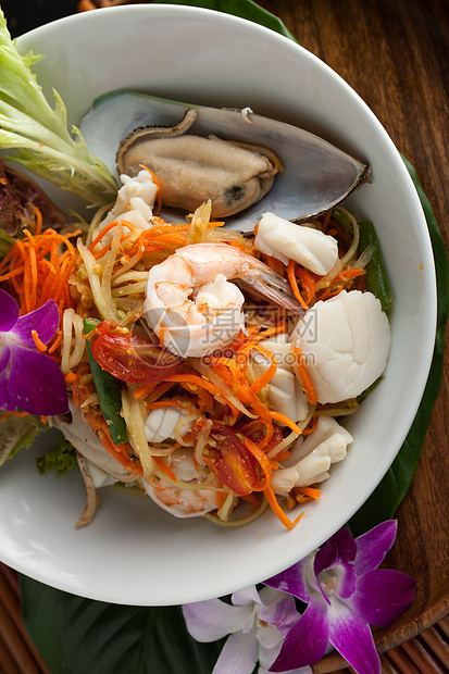 泰国海产食品索姆汤沙拉鱿鱼课程蔬菜萝卜乌贼木瓜沙拉餐厅午餐面条图片