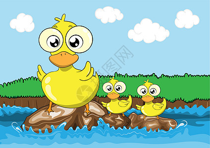 鸭母及其鸭子矢量卡通动物家庭黄色池塘农场蹼状婴儿领导者母亲绿色图片