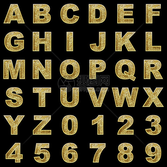 黑色背景上的金色字母表金属抛光艺术脚本奢华反射打字稿插图字体金子图片