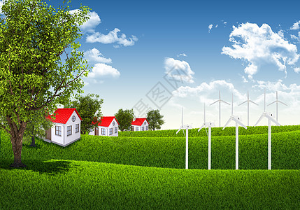 蓝天空 绿草和房屋窗户森林风力房子太阳建筑场景小屋绿色爬坡图片