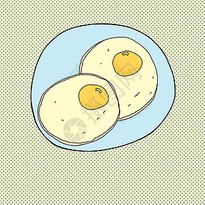 两只炸鸡蛋食物卡通片食谱手绘阳光插图蓝色绿色油炸写意图片