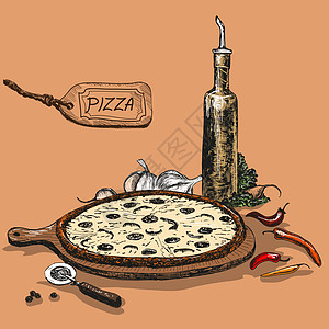披萨加大蒜油烹饪草图背景蔬菜菜单插图绘画瓶子面团收藏图片