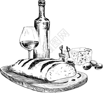 葡萄酒 面包和蓝奶酪图片