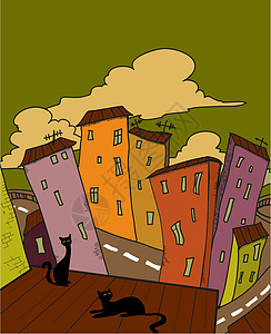 猫城爪子动物草图手绘摩天大楼橙子眼睛宠物天空卡通片图片