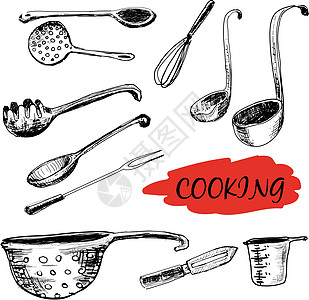 一套厨房用具涂鸦插图勺子配件草图量杯金属钢包星星滤器图片