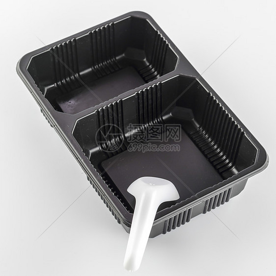 带勺子的黑色托盘包装食物生活塑料产品泡沫苯酚金属盒子黄色图片