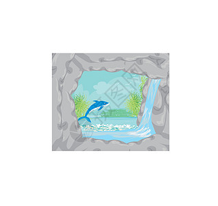 热带岛屿天堂 海豚跳跃场景日落石头假期椰子自由风景旅行海浪插图图片