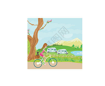 与可爱女孩一起快乐驾驶自行车运动航程旅游峡湾悬崖大篷车露营者运输海洋房车图片