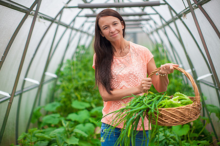 在温室里拿着一篮绿菜和洋葱的年轻女子篮子饮食食物农场萝卜蔬菜收获花园幸福女性图片